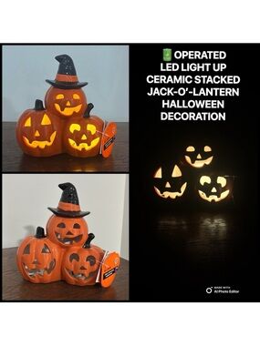 NWT- LED Light Up- Ceramic Jack-o-lantern Pumpkin Trio Halloween Decoration 🎃